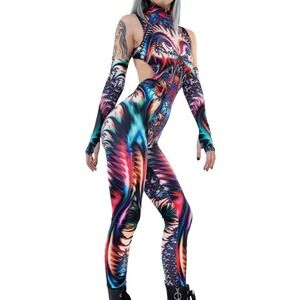 BADINKA Fractal Psychedelic Print Sleeveless Mock Neck Bodysuit Jumpsuit XS